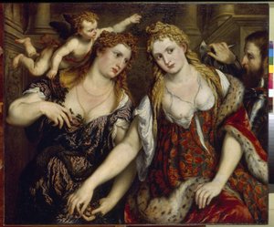 Flora, Venus, Mars ja Cupid (Flora, Venus, Mars ja Cupid). Paris Bordonen maalaus (1500-1571), öljy kankaalle, noin 1550. Italialainen taide (Venetsia) tekijältä Paris Bordone