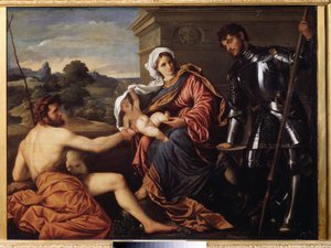"Madonna ja lapsi, Pyhä Johannes Kastaja ja Pyhä Yrjö" (Madonna ja lapsi, Pyhä Johannes Kastaja ja Pyhä Yrjö) Paris Bordonin tai Bordonen (1500-1571) maalaus noin 1530 Pouchkine-museo, Moskova tekijältä Paris Bordone