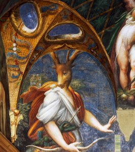 Diana muutti Actaeonin polttareiksi, yksityiskohta Diane- ja Acteon-salista tekijältä Parmigianino