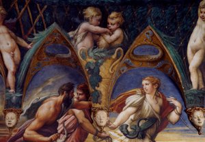 Actaeon kumppaneineen, yksityiskohta Dianan ja Actaeonin myytistä, noin 1524, Francesco Mazzola, Parmigianino (1503-1540), fresko, Dianan ja Actaeonin huone, Rocca Sanvitale, Fontanellato, lähellä Parmaa, Emilia-Romagna, Italia tekijältä Parmigianino
