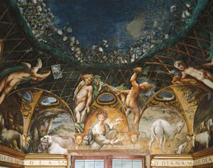 Ceres osallistuu tapahtumiin metsästyskoirien ja kerubien ympäröimänä Dianan myytistä ja Actaeonista tekijältä Parmigianino
