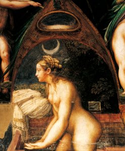 Diana ja Actaeon, Francesco Mazzola, joka tunnetaan nimellä Parmigianino (1503-1540), yksityiskohta. San Vitalen linnoitus Fontanellatossa, Emilia Romagnassa. tekijältä Parmigianino