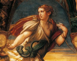 Francesco Mazzolan legenda Dianasta ja Actaeonista, tunnetaan nimellä Parmigianino (1503-1540), fresko, yksityiskohta, Rocca Sanvitale, Fontanellato, Emilia Romagna tekijältä Parmigianino