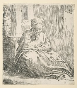 Nainen istuu maassa, joka tunnetaan nimellä Saint Thais (etsaus) tekijältä Parmigianino