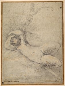 Satyres nukkumassa puun alla (musta liitu, valkoisen vartalonvärinen korotus carta azzurrassa) tekijältä Parmigianino