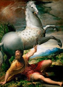 "Pyhän Paavalin kääntymys tiellä Damaskukseen" Girolamo Francesco Maria Mazzolan tai Mazzuoli dit il Parmigianinon maalaus lempinimellä Parmesan (1503-1540) noin 1528 taidehistoriallinen museo, Wien tekijältä Parmigianino