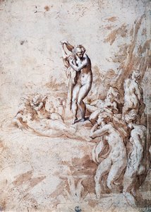 Nymfien kylpeminen (kynä ja laimennettu muste, valkoinen lyijy) tekijältä Parmigianino