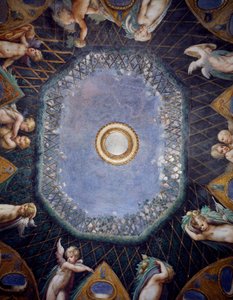 Putti ja pilkahdus taivasta, noin 1524, Francesco Mazzola, joka tunnetaan nimellä Parmigianino (1503-1540), fresko, Dianan ja Actaeonin huoneen holvi, Rocca Sanvitale, Fontanellato, lähellä Parmaa, Emilia-Romagna, Detail, Italia tekijältä Parmigianino