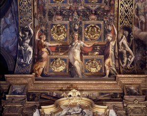 Kolme viidestä hullusta neitsyestä. Yksityiskohta Francesco Mazzolan (1503-1540) freskoista, jotka tunnetaan nimellä Parmigianino (Parmesan), jotka koristavat Parman Madonna della Steccatan kirkon kappelin pääholvia. tekijältä Parmigianino