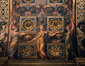 Kolme viisasta neitsyttä, yksityiskohta Kolme viisasta ja kolme typerää neitsyttä, Francesco Mazzola, joka tunnetaan nimellä Il Parmigianino, fresko, presbyteerikaaren alapuoli, Santa Maria della Steccatan pyhäkkö, Parma, Emilia-Romagna. Italia tekijältä Parmigianino