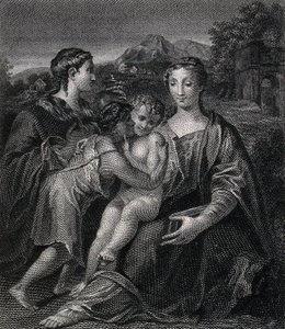 Pyhä Maria (autuas Neitsyt) Kristus-lapsen, pyhän Johannes Kastajan ja pyhän Maria Magdaleenan kanssa. Kaiverrus G. F. M. Mazzolan, il Parmigianinon, mukaan. tekijältä Parmigianino