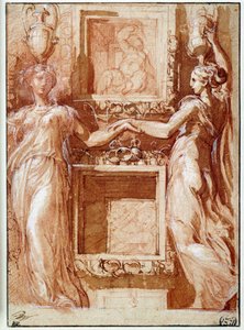 Kaksi kaneforia, jotka antavat kätensä, laatikoiden molemmilla puolilla Piirustus musteella, pesulla, verellä ja valkoisilla läppäillä Girolamo Francesco Maria Mazzola dit Parmigianino tai Le Parmesan
