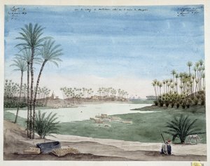 Egypti: Näkymä Metrihamin kylästä lähellä Memphisiä. Pascal Costen (1787-1879) piirustus 1819 Välimeren arkeologinen museo, Marseille tekijältä Pascal Xavier (after) Coste