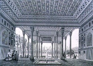 Sisäkuva Isfahanin peilipaviljongista, levy 35 julkaisusta "Modern Monuments of Persia", kaiverrettu Claude Sauvageot (1832-85) ja Jean Charles Huguet tekijältä Pascal Xavier (after) Coste