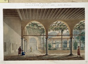 Orientalismi: dervishien luostari ja suihkulähde. Pascal Costen piirustus (1787-1879)