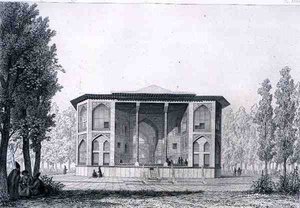 Kahdeksan paratiisin paviljonki Isfahanissa, Persian Voyage Pittoresquesta, kaiverrettu Jules Penel (s.1833) ja Joseph Durond (s.1816), julkaisija Lemercier, Paris tekijältä Pascal Xavier (after) Coste