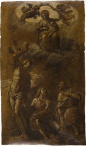 Neitsyt ja lapsi kirkkaudessa pyhien Sebastianin, Johannes evankelistan ja Rochin kanssa, noin 1610 (öljy grafiitilla (lakattu) kermanväriselle liimapaperille). tekijältä Pasquale Ottino