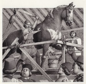 Andrea Verrocchio murskaa hevospatsaan pään (guassi paperille).