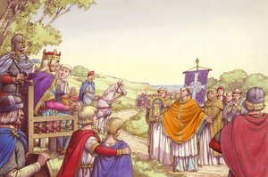 Augustinus kuningas Ethelbertin ja hänen kuningattarensa Berthan edessä (guassi paperille).