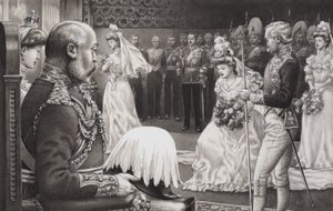 Debytanttien esittely Edward VII:lle (1844-1925) ja kuningatar Alexandralle (1841-1910) (guassi paperille).