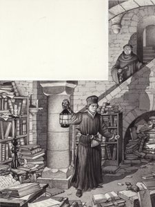 Poggio Bracciolini Pyhän Gallenin luostarin laiminlyödyssä kirjastossa (guassi paperille) (gouache paperille)