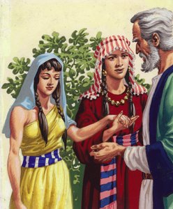 Sarai esittelee Hagarin Abrahamille (guassi paperille)