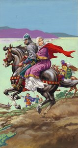Saksalainen prinsessa Margaret pakenee perheensä kanssa Vilhelm Valloittajan kynsistä (guassi paperille).