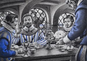 Sir Francis Drake (1540-96) pöydän ääressä (guassi paperille)