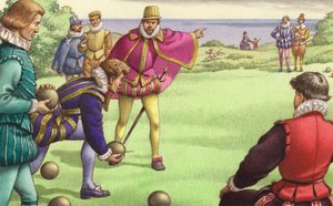 Sir Francis Drake pelaa keilaa ennen Espanjan armadan saapumista (guassi paperille).