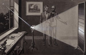 Tähden valo osuu prismaan ja jakautuu sateenkaaren väreiksi (guassi paperille).