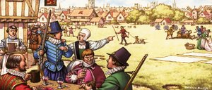 Tunnistamaton 1700-luvun kohtaus, jossa miehet juovat majatalossa yhteisen rannan äärellä.