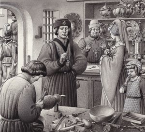 Kultasepänliike 1400-luvun Italiassa (guassi paperille).