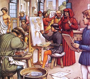 Lorenzo de Medici vierailee taiteilijoille perustamassaan koulussa.