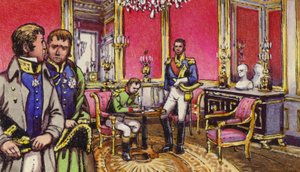 Napoleon allekirjoittaa luopumiskirjat Fontainbleaun palatsissa (guassi paperille).