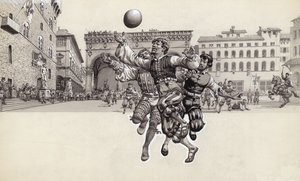 Jalkapallon pelaaminen Firenzessä (guassi paperille)