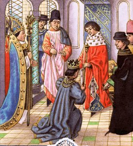 Rikhard II luopuu kruunustaan Henry Bollingbrokelle, myöhemmin Henrik IV:lle.