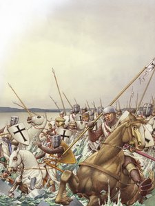 Teutoniset ritarit putoavat jäätyneen Peipusjärven jään läpi (guassi paperille).