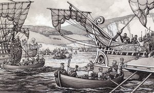 Roomalaiset hyökkäävät Englantiin vuonna 55 eKr. Julius Caesarin johdolla (guassi paperille).