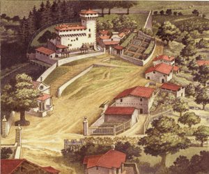 Medici-suvun linnoitettu huvila Trebbiossa (guassi paperille)