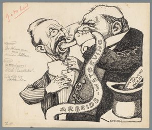 Ministeri Aalberse ja työnantaja Ministeri Aalbersen puhtaat höyhenet (otsikko esineessä) tekijältä Patricq Kroon (signed by artist)