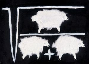 Kloonaus: Matemaattinen symboli, joka edustaa neliöjuurta, jakoa ja yhteenlaskua ja jossa koekaniinina on käytetty lampaita. Valkoinen puuvillakollaasi mustalla taustalla.