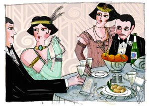 Kuvitus, joka kuvaa amerikkalaisen kirjailijan Francis Scott Fitzgeraldin (1896-1940) "Gatsby the Magnificent" -teoksen (Suuri Gatsby) maallista illallista Piirros Patrizia Laporta