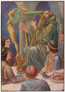 Dagda otti hänen harppunsa ja lyö muutaman soinnun (väri litho)