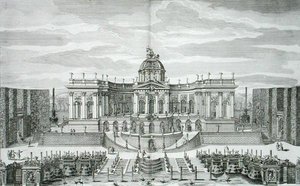 The Great Grotto ja Fountain Garden at Princely Pleasure Palace and Gardens, Berliini, kaiverrus Johann August Corvinus (1683-1738), julkaistu noin 1711-16 (kaiverrus)