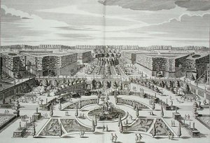 The Great Cascade of the Princely Pleasure Palace and Gardens, Berliini, kaiverrus Karl Remshard (1678-1735), julkaistu noin 1711-16 (kaiverrus)