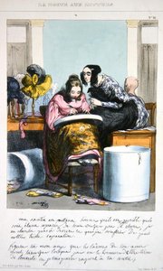 Työntekijä hatunvalmistusyrityksessä kirjoittaa kirjettä, n. 1840 (värilitho)