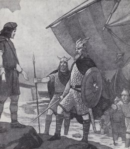 Veljekset Hengist ja Horsa saapuvat Ebbsfleetiin, Isle of Thanetille, Kentille, Anglesin, Saksien ja Juuttien hyökkäyksen aikana 500-luvulla (litho)
