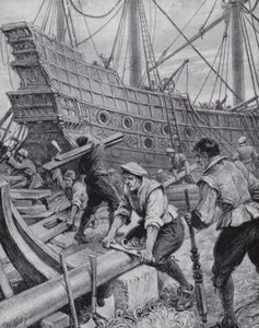 Englantilaisen galleonin Ark Royalin rakennus, lippulaiva taistelussa espanjalaista Armadaa vastaan vuonna 1588 (litho)