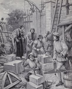 Kuningas Henrik VI valvoo Eton Collegen rakennusta, jonka hän perusti vuonna 1440 (litho)