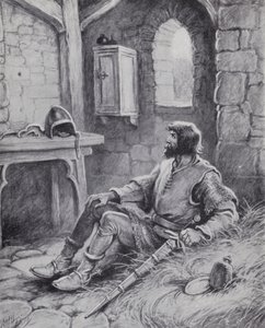 Robert the Bruce hämähäkin kanssa, joka inspiroi häntä yrittämään uudelleen voittaa englantilaiset (litho)